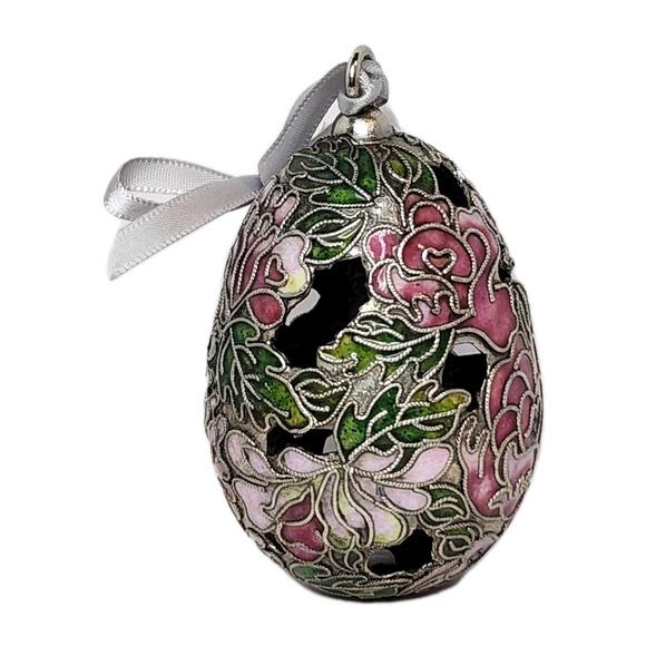 Cloisonne Enameled Egg Christmas Ornament Hanging Cut Out Floral Design Stunning - Picture 4 of 9